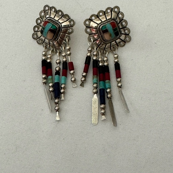 Vintage Sterling Zuni Earrings Coral Lapis and Turquoise signed Q.T. - Picture 2 of 7